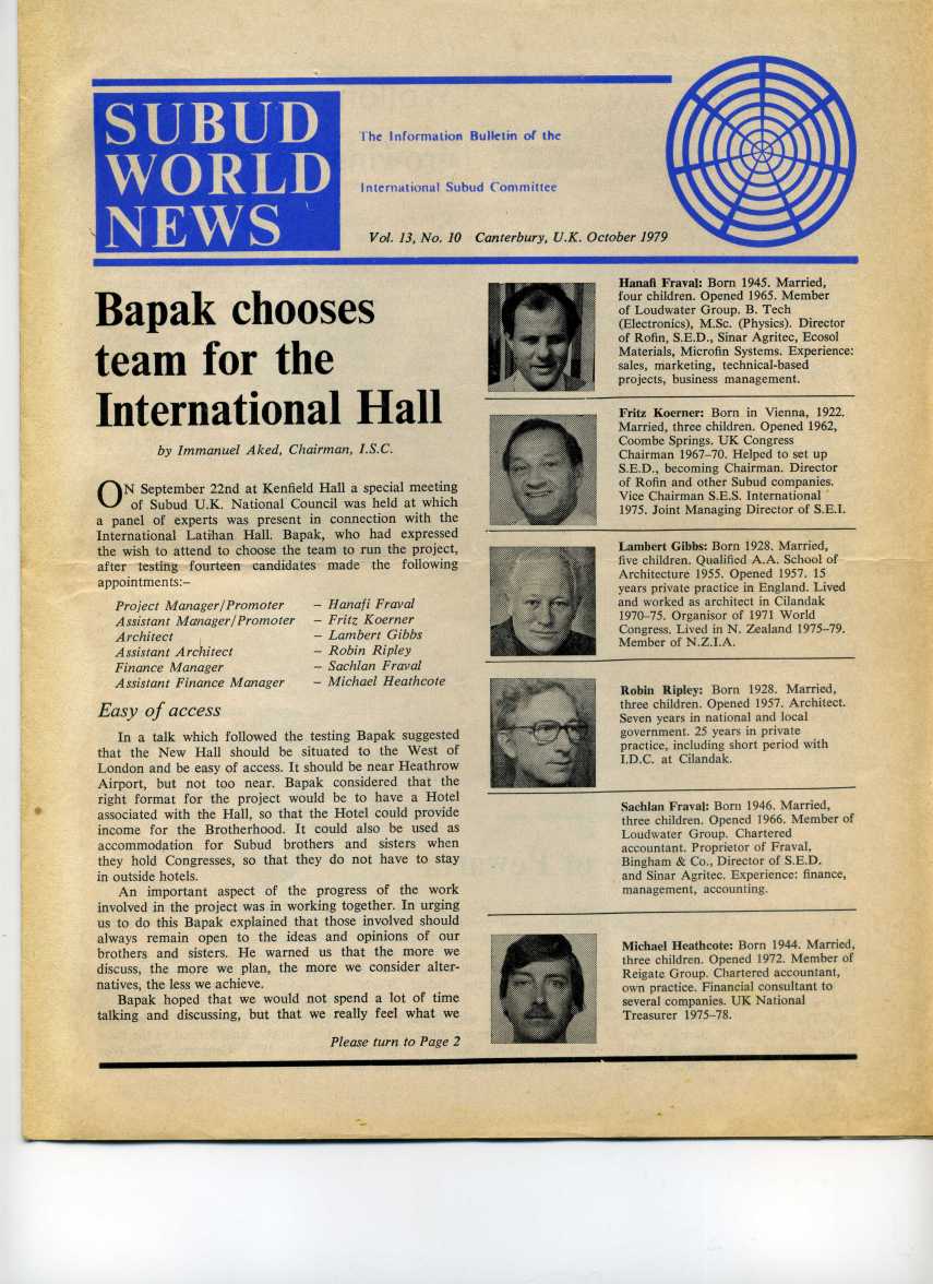 Part 1- Article in World Subud News announcing Board for the International Hall (Anugraha) - published October 1979
