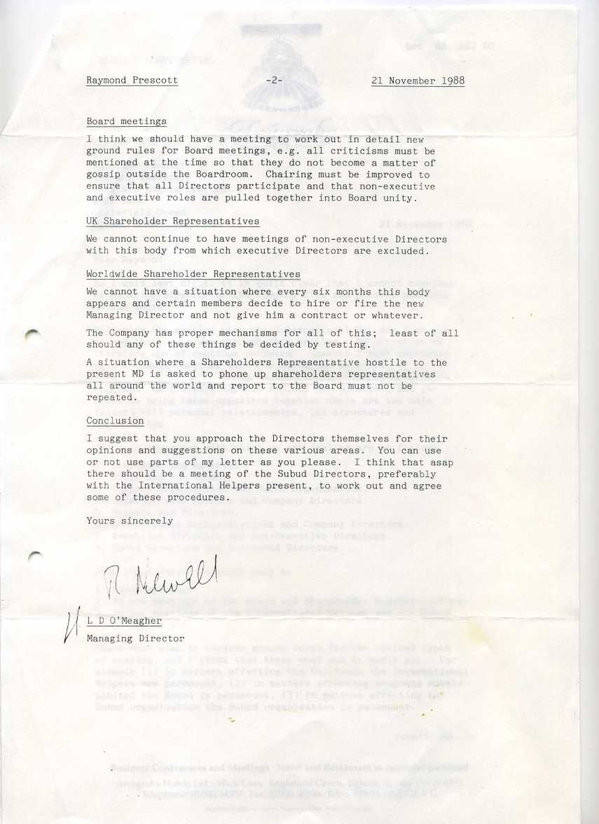 Part 2 - Luthfi O'Meagher tenders resignation - cites structural and organisational issues - Withdrawn. Letter dated 21st November 1988