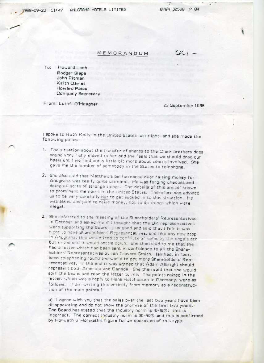 Part 1 - Memo from Luthfi O'Meagher to Howard Loch, Rodger Slape, John Pitman, and Howard Paice regarding illegal fundraising activity within Anugraha, shareholder representatives and mulling over the possibility of resignation as MD - dated 23rd September 1988