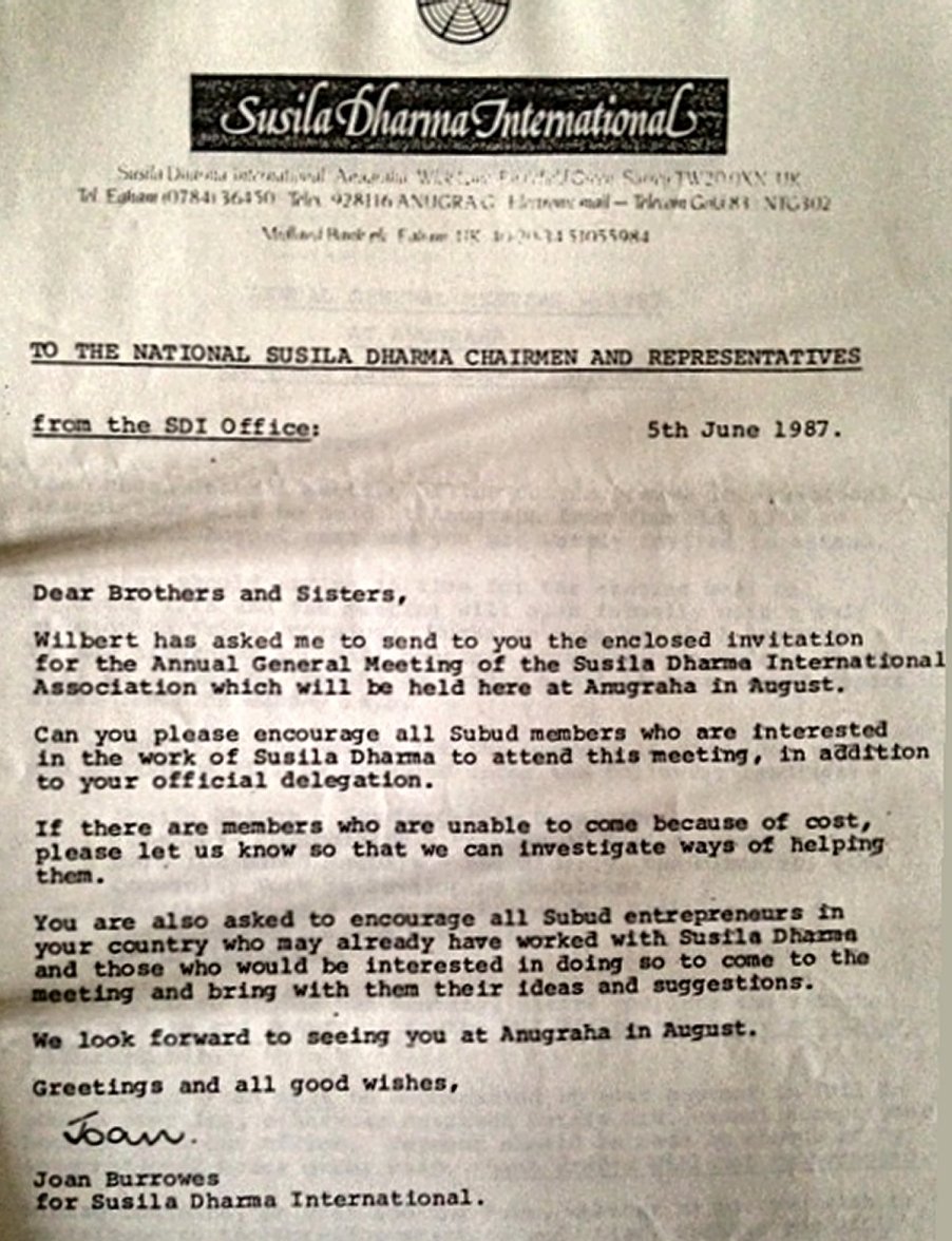 AGM Letter regarding the Susila Dharma International, held at Anugraha