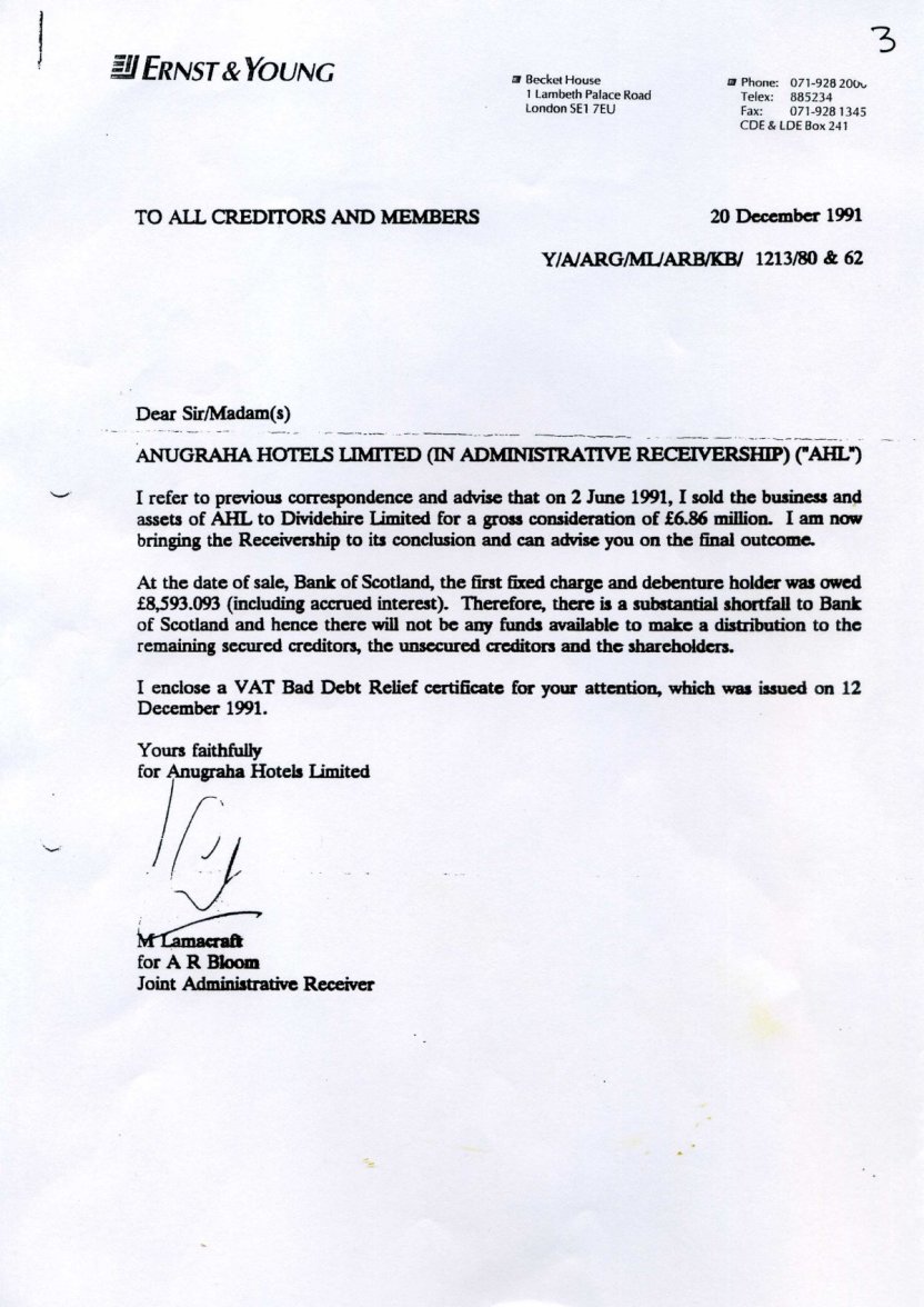 Letter about Anugraha being sold