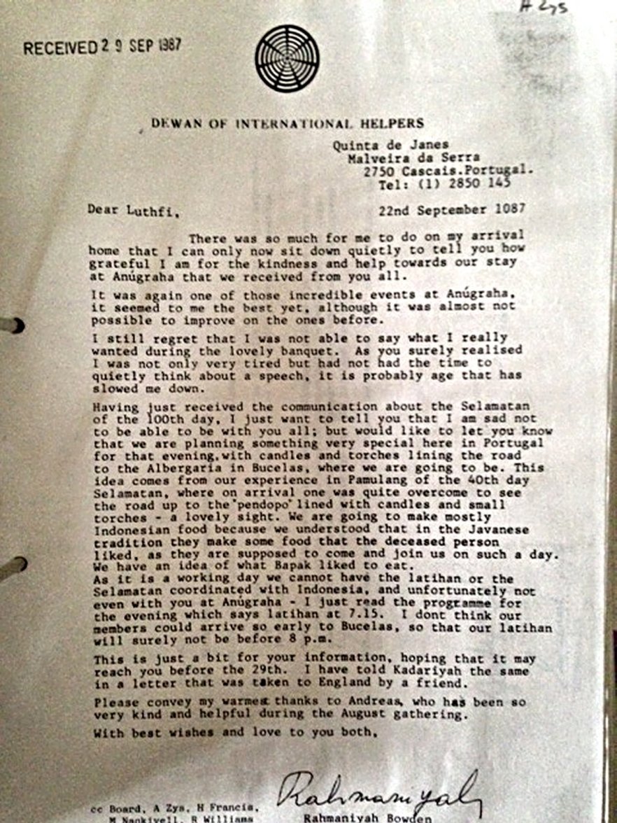 Dewan Helpers - letter from Subud member in Portugal