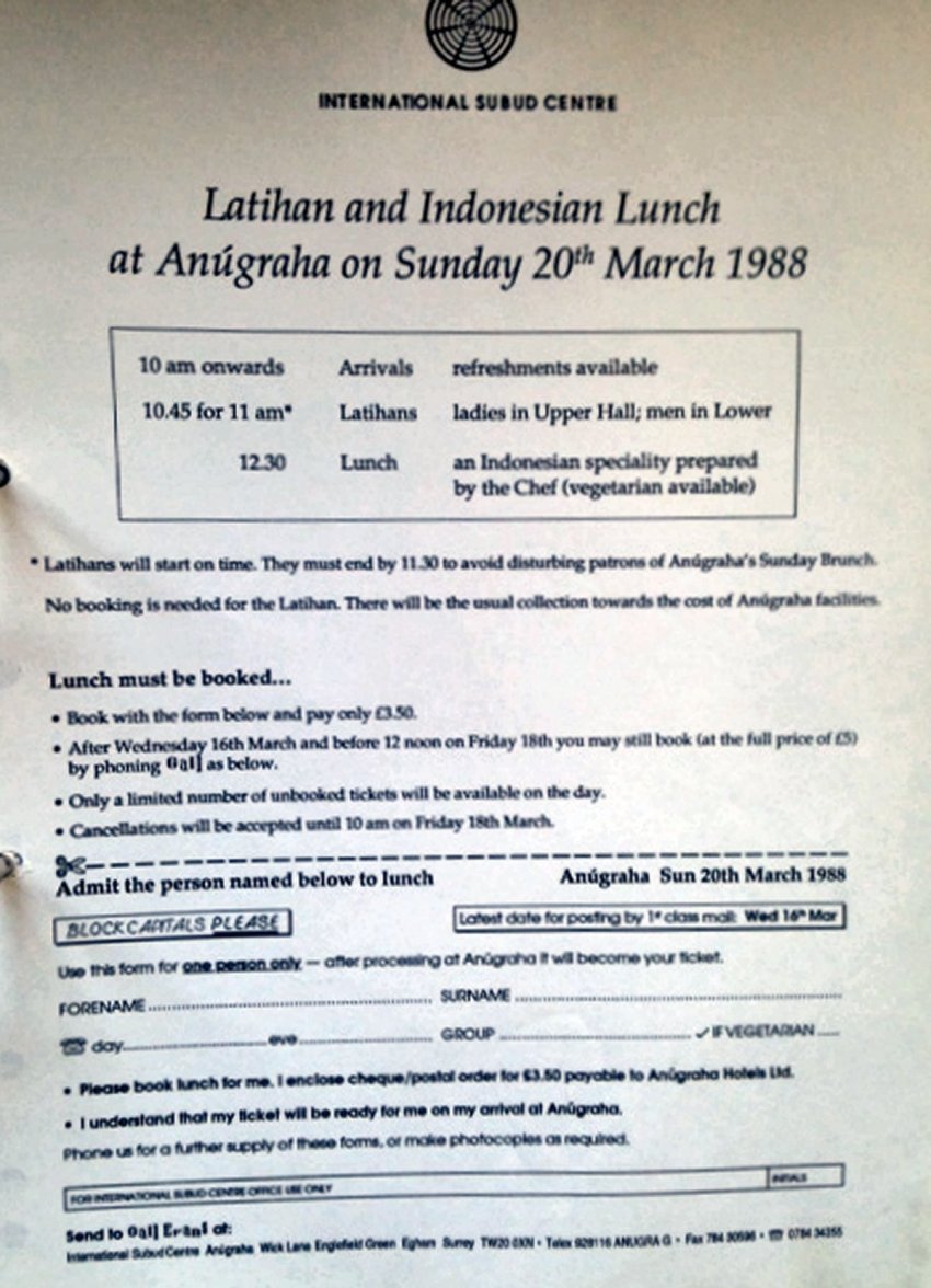 Programme showing Special Lunches at Anugraha - Subud's International Centre in the UK