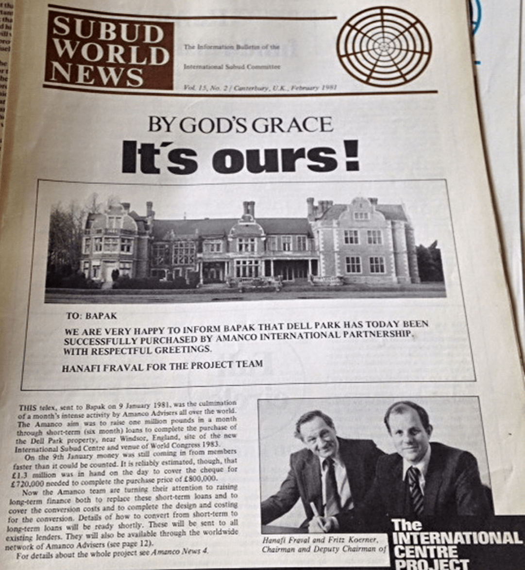 Announcement in Subud World News that Dell Park has been purchased by Subud